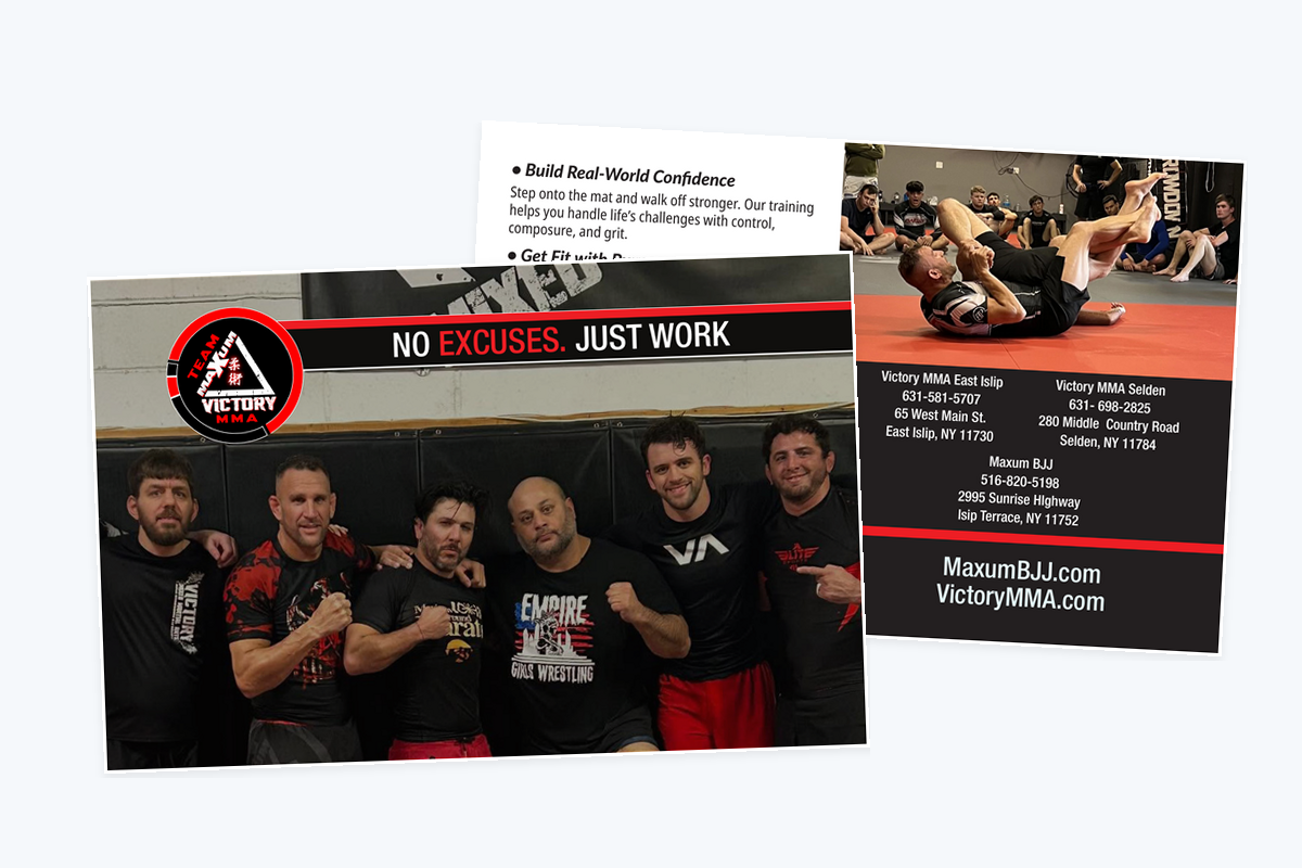 Victory postcard design featuring bold red and blue branding