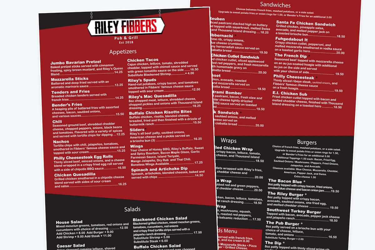 Fibbers printed menu design laid out for a restaurant