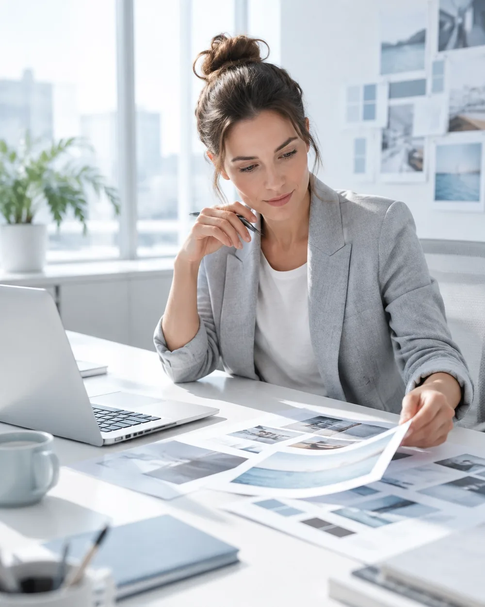 Creative strategist reviewing a visual layout at a bright office desk
