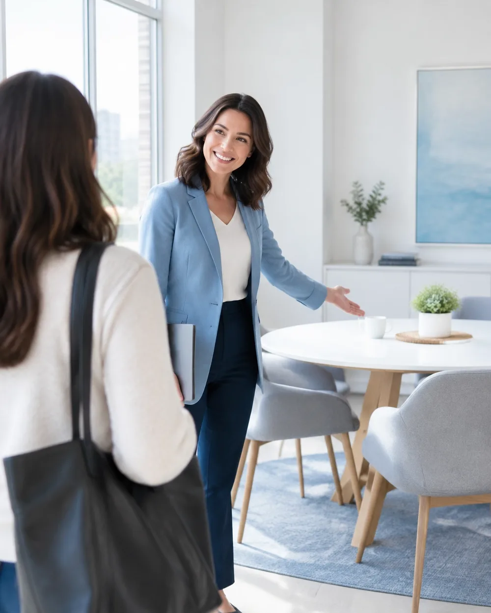 Consultant welcoming a client into a bright studio meeting space