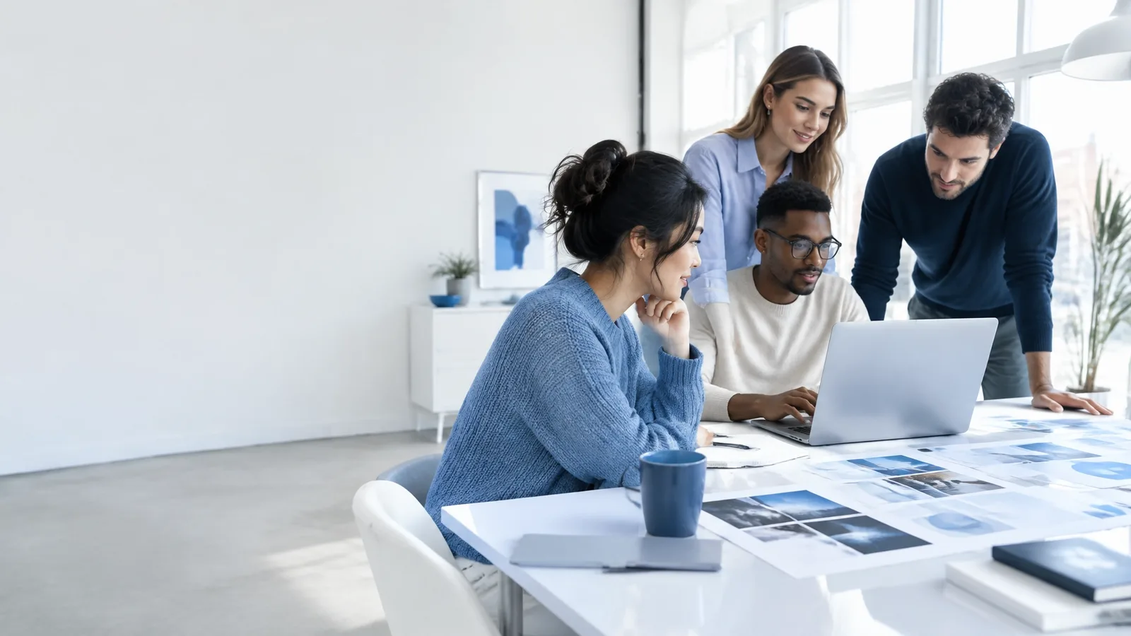 A diverse creative team collaborating around a laptop in a bright studio