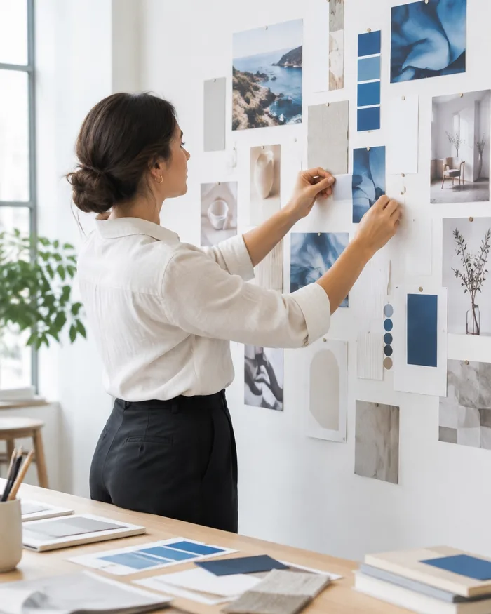 A brand moodboard arranged in a light studio