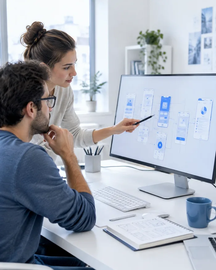 Developer and designer reviewing a product flow on a monitor