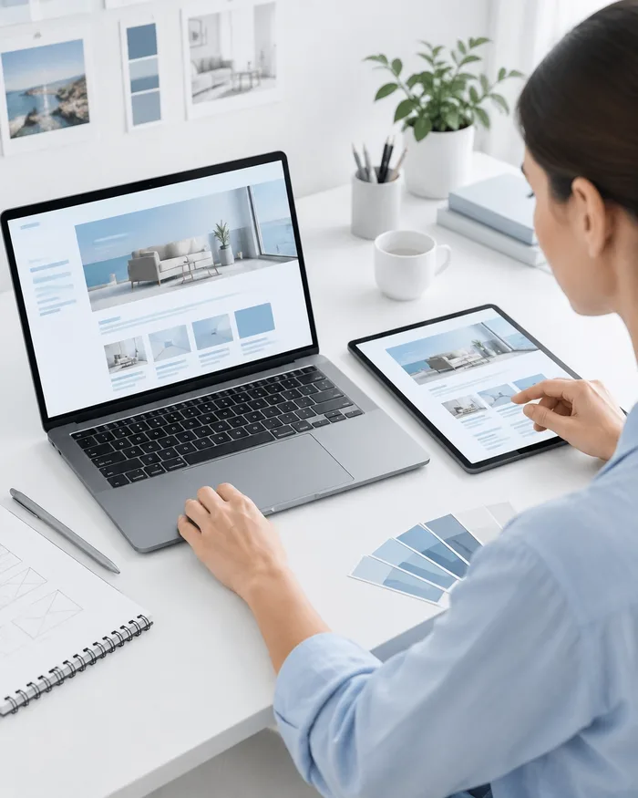 A clean desk with a laptop and tablet for a retail website
