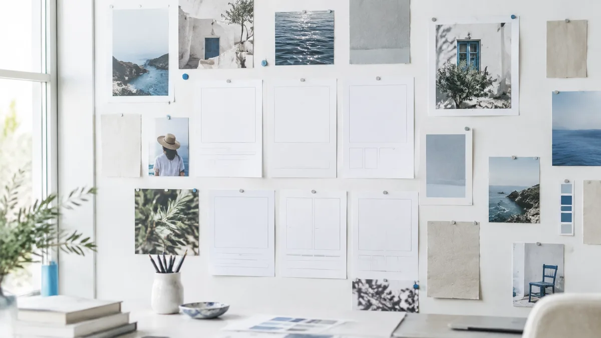 Blank campaign layout cards and photographs pinned on a bright studio wall