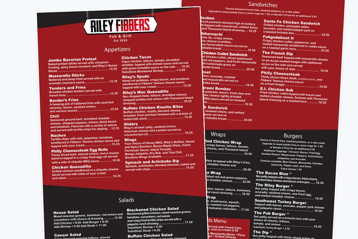 Riley Fibbers Pub & Grill printed menu design